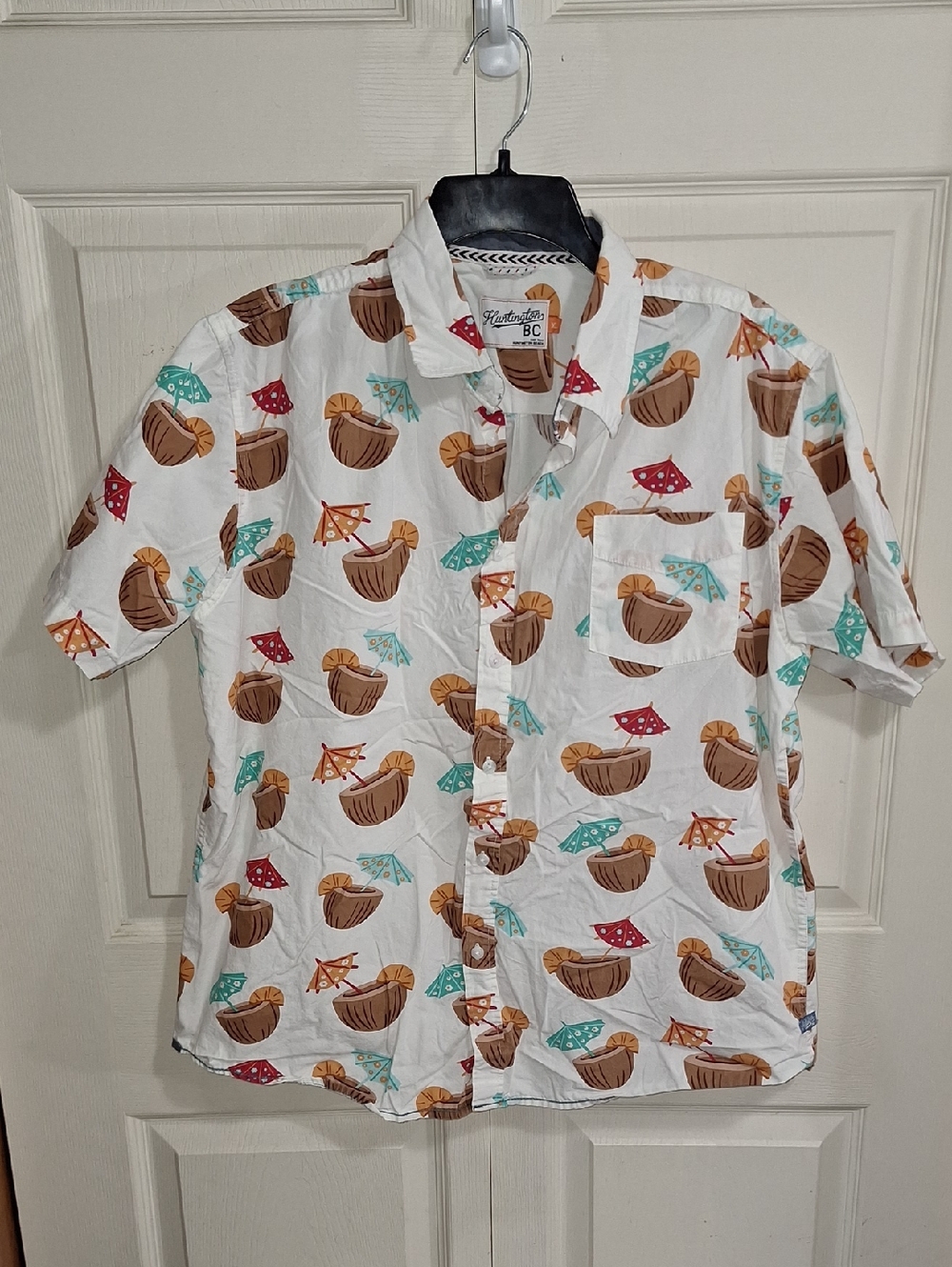 Huntington BC Tropical Coconut Print Cotton Button-Down Shirt - XL - White